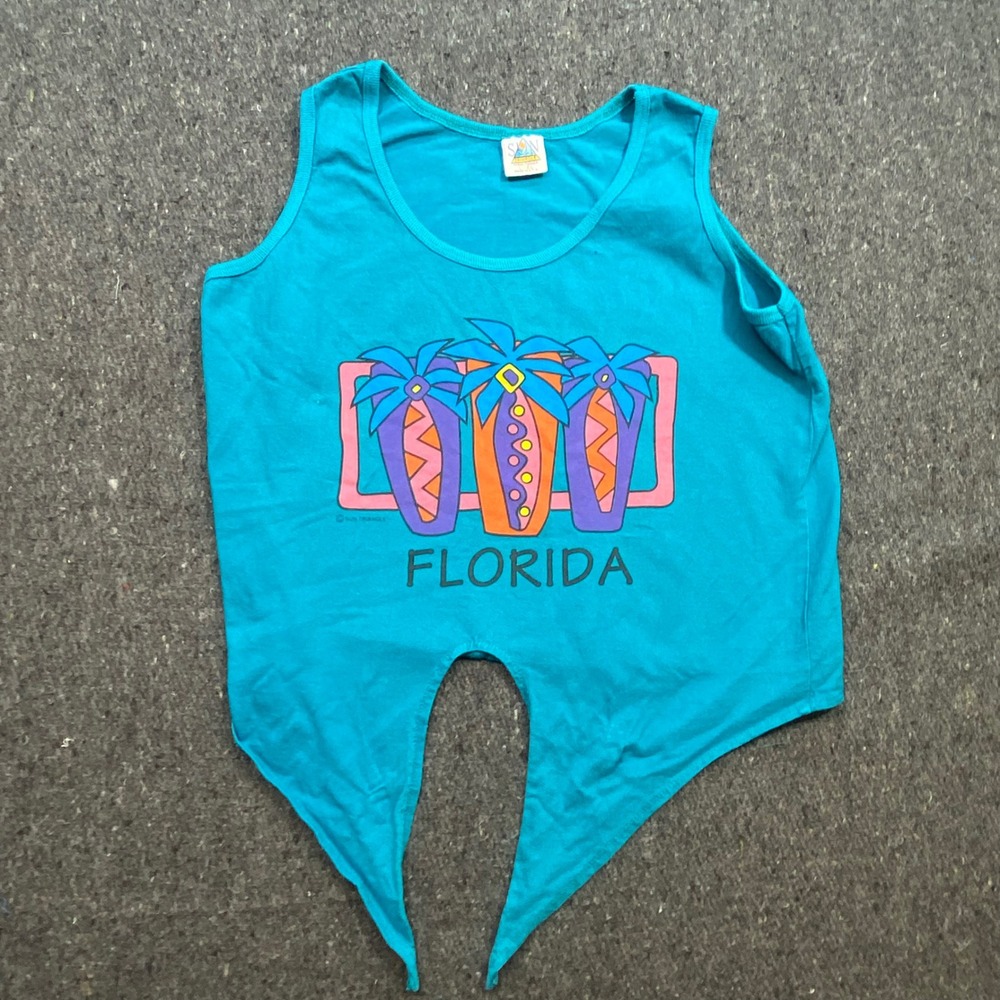 Sun Triangle Vintage 90s Womens L/XL Teal Florida Tie‎ Front Graphic Tank Top